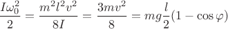 $\dfrac{I\omega_0^2}{2}=\dfrac{m^2l^2v^2}{8I}=\dfrac{3mv^2}{8}=mg\dfrac{l}{2}(1-\cos\varphi)$