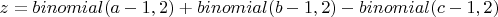 $z=binomial(a-1,2)+binomial(b-1,2)-binomial(c-1,2)$