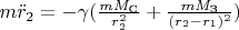 $m\ddot{r}_2=-\gamma (\frac{mM_{\text{C}}}{r_2^2}+\frac{mM_{\text{З}}}{(r_2-r_1)^2})$