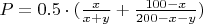 $P=0.5 \cdot (\frac{x}{x+y}+\frac{100-x}{200-x-y})$
