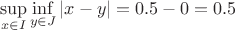 \[
\mathop {\sup }\limits_{x \in I} \mathop {\inf }\limits_{y \in J} \left| {x - y} \right| = 0.5 - 0 = 0.5
\]