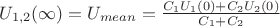 $U_{1,2}(\infty)=U_{mean}=\frac {C_1U_1(0)+C_2U_2(0)} {C_1+C_2}$