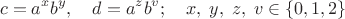 $$c=a^xb^y,\quad d=a^zb^v;\quad x,\;y,\;z,\;v\in\{0,1,2\}$$ $$c=a^xb^y,\quad d=a^zb^v;\quad x,\;y,\;z,\;v\in\{0,1,2\}$$