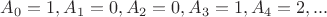 $A_0=1, A_1=0, A_2=0, A_3=1, A_4=2,...$