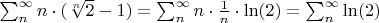 $\sum_{n}^{\infty} n\cdot(\sqrt[n]{2}-1) = \sum_{n}^{\infty} n \cdot \frac{1}{n}\cdot \ln(2) = \sum_{n}^{\infty}\ln(2)$