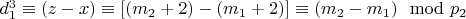 $d_1^3\equiv (z - x)\equiv [(m_2 + 2) - (m_1 + 2)]\equiv (m_2 - m_1)\mod p_2$