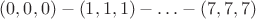 $(0,0,0) - (1,1,1) - \ldots - (7,7,7)$
