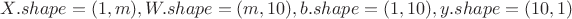 $X.shape=(1, m), W.shape=(m,10), b.shape=(1, 10), y.shape=(10, 1)$