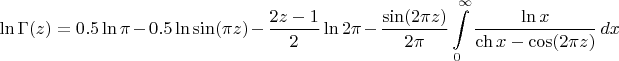 $$\ln\operatorname{\Gamma}(z)=0.5\ln\pi - 0.5\ln\sin(\pi z) - \frac{2z-1}{2}\ln2\pi - \frac{\sin(2\pi z)}{2\pi}\int\limits_{0}^{\infty}\frac{\ln x}{\ch x - \cos (2\pi z)}\, dx$$