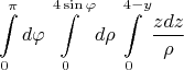 $$\int\limits_{0}^{\pi } d\varphi \int\limits_{0}^{4\sin\varphi} d\rho \int\limits_{0}^{4-y} \frac  {zdz} {\rho}  $$