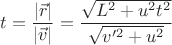 $$t=\frac{|\vec{r}|}{|\vec{v}|}=\frac{\sqrt{L^2+u^2t^2}}{\sqrt{v'^2+u^2}}$$