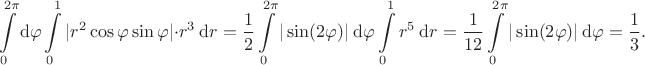 $$
\int \limits_0^{2 \pi} \mathrm d \varphi \int \limits_0^1 |r^2 \cos \varphi \sin \varphi| \cdot r^3 \ \mathrm dr = \dfrac{1}{2} \int \limits_0^{2 \pi} |\sin (2 \varphi)| \ \mathrm d \varphi \int \limits_0^1 r^5 \ \mathrm dr = \dfrac{1}{12} \int \limits_0^{2 \pi} |\sin(2 \varphi)| \ \mathrm d \varphi = \dfrac{1}{3}.
$$