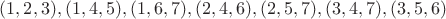 $(1,2,3),(1,4,5),(1,6,7),(2,4,6),(2,5,7),(3,4,7),(3,5,6)$