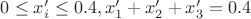 $0\leq x_i'\leq 0.4, x_1'+x_2'+x_3'=0.4$