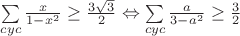 $\sum\limits_{cyc}\frac{x}{1-x^2}\geq\frac{3\sqrt3}{2}\Leftrightarrow\sum\limits_{cyc}\frac{a}{3-a^2}\geq\frac{3}{2}$