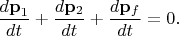 $$
\frac{d{\bf p}_1}{dt}+\frac{d{\bf p}_2}{dt}+\frac{d{\bf p}_f}{dt}=0.
$$