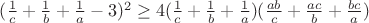 $(\frac 1 c+\frac 1 b+\frac 1 a-3)^2\ge4(\frac 1 c+\frac 1 b+\frac 1 a)(\frac{ab}{c}+\frac{ac}{b}+\frac{bc}{a})$
