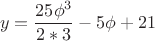 \[
y = \frac{{25\phi ^3 }}
{{2*3}} - 5\phi  + 21
\]