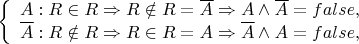 \left\{ \begin{array}{l} 
A: R \in R \Rightarrow R \notin R=\overline A \Rightarrow A \wedge \overline A=false,\\ 
\overline A: R \notin R \Rightarrow R \in R =A \Rightarrow \overline A \wedge A=false, 
\end{array} \right.