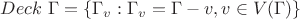 $Deck \ \Gamma = \left\lbrace \Gamma_v : \Gamma_v = \Gamma - v, v \in V(\Gamma) \right\rbrace$ $Deck \ \Gamma = \left\lbrace \Gamma_v : \Gamma_v = \Gamma - v, v \in V(\Gamma) \right\rbrace$