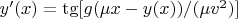 $y^\prime (x)=\tg[g(\mu x-y(x))/(\mu v^2)]$
