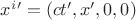 $x^{i}'=(ct', x', 0, 0)$