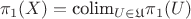 $$\pi_1 (X) = \text{colim}\limits_{U \in \mathfrak{U}} \pi_1 (U)$$