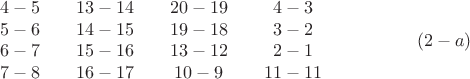 $$\begin {matrix}
4-5\\
5-6\\
6-7\\
7-8
\end {matrix}\quad \quad 
\begin {matrix}
13-14\\
14-15\\
15-16\\
16-17\\
\end {matrix}\quad \quad 
\begin {matrix}
20-19\\
19-18\\
13-12\\
10-9
\end {matrix}\quad \quad 
\begin {matrix}
4-3\\
3-2\\
2-1\\
11-11
\end {matrix} \eqno (2-a)
$$