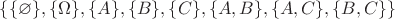 $\{\{\varnothing\},\{\Omega\},\{A\},\{B\},\{C\},\{A,B\},\{A,C\},\{B,C\}\}$