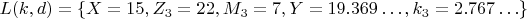 $ L(k,d)=\{X=15,Z_3=22, M_3=7, Y=19.369&hellip;, k_3=2.767&hellip; \} $