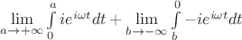 $\lim\limits_{a\to+\infty}\int\limits_0^a ie^{i\omega t}dt + \lim\limits_{b\to-\infty}\int\limits_{b}^0 -ie^{i\omega t}dt$