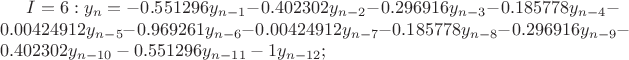 $I=6: y_n=-0.551296y_{n-1}-0.402302y_{n-2}-0.296916y_{n-3}-0.185778y_{n-4}-0.00424912y_{n-5}-0.969261y_{n-6}-0.00424912y_{n-7}-0.185778y_{n-8}-0.296916y_{n-9}-0.402302y_{n-10}-0.551296y_{n-11}-1y_{n-12};$