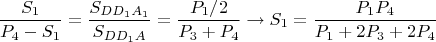 $$\dfrac{S_1}{{P_4} -  S_1}= \dfrac{S_{DD_1A_1}}{S_{DD_1A}}=\dfrac{P_1/2}{P_3+P_4}
\rightarrow S_1=\dfrac{P_1P_4}{P_1+2P_3+2P_4}
$$