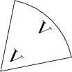 $\tikz[scale=.4,transform shape, font=\fontsize{40}\selectfont]{
\draw (0,0) -- (1,5)arc(78:12:5.2);
\draw (0,0) -- (5,1);
\node at (1,1) [rotate=-45] {\textbf{V}};
\node at (3,3) [rotate=-45]{\textbf{V}};
;}$