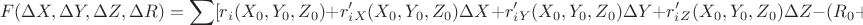 $$F(\Delta X,\Delta Y,\Delta Z,\Delta R)=\sum[r_i(X_0,Y_0,Z_0)+r_i'_X(X_0,Y_0,Z_0)\Delta X+r_i'_Y(X_0,Y_0,Z_0)\Delta Y+r_i'_Z(X_0,Y_0,Z_0)\Delta Z-(R_0+\Delta R)]^2$$