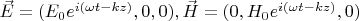 $ \vec E = (E_0 e^{i(\omega t - kz)},0,0), \vec H = (0,H_0 e^{i(\omega t - kz)} ,0) $