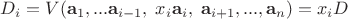 $D_i=V(\mathbf a_1, ...\mathbf a_{i-1},\;x_i\mathbf a_i,\;\mathbf a_{i+1},..., \mathbf a_n)=x_i D$