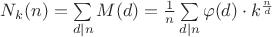 $% MathType!MTEF!2!1!+-
% feaagKart1ev2aaatCvAUfeBSjuyZL2yd9gzLbvyNv2CaerbuLwBLn
% hiov2DGi1BTfMBaeXatLxBI9gBaerbd9wDYLwzYbItLDharqqtubsr
% 4rNCHbGeaGqipv0Je9sqqrpepC0xbbL8F4rqqrFfpeea0xe9Lq-Jc9
% vqaqpepm0xbba9pwe9Q8fs0-yqaqpepae9pg0FirpepeKkFr0xfr-x
% fr-xb9adbaqaaeGaciGaaiaabeqaamaabaabaaGcbaGaamOtamaaBa
% aaleaacaWGRbaabeaakiaacIcacaWGUbGaaiykaiabg2da9maaqafa
% baGaamytaiaacIcacaWGKbGaaiykaaWcbaGaamizaiaacYhacaWGUb
% aabeqdcqGHris5aOGaeyypa0ZaaSaaaeaacaaIXaaabaGaamOBaaaa
% daaeqbqaaiabeA8aQjaacIcacaWGKbGaaiykaiabgwSixlaadUgada
% ahaaWcbeqaamaalaaabaGaamOBaaqaaiaadsgaaaaaaaqaaiaadsga
% caGG8bGaamOBaaqab0GaeyyeIuoaaaa!5488!
\[{N_k}(n) = \sum\limits_{d|n} {M(d)}  = \frac{1}{n}\sum\limits_{d|n} {\varphi (d) \cdot {k^{\frac{n}{d}}}} \]$