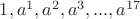 $1,{ a }^{ 1 },{ a }^{ 2 },{ a }^{ 3 },...,{ a }^{ 17 }$