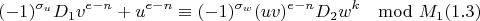 $$(-1)^{\sigma_u}D_1v^{e-n}+u^{e-n}\equiv(-1)^{\sigma_w}(uv)^{e-n}D_2w^k\mod M_1 (1.3)$$