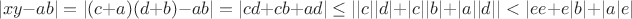$$|xy-ab| = |(c+a)(d+b) - ab|= |cd + cb + ad| \leq | |c||d| + |c||b| + |a||d|| < | ee + e|b| + |a|e |$$ $$|xy-ab| = |(c+a)(d+b) - ab|= |cd + cb + ad| \leq | |c||d| + |c||b| + |a||d|| < | ee + e|b| + |a|e |$$