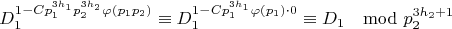 $$D_1^{1-Cp_1^{3h_1}p_2^{3h_2}\varphi (p_1p_2)}\equiv D_1^{1-Cp_1^{3h_1}\varphi (p_1)\cdot 0}\equiv D_1\mod p_2^{3h_2+1}$$