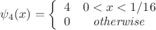 $\psi_{4}(x) = \left\{\begin{array}{cc}
4 & 0<x<1/16 
\\
 0 & \mathit{otherwise} 
\end{array}\right.
$