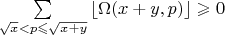 $\sum\limits_{\sqrt{x} <p\leqslant \sqrt{x+y}} \left\lfloor\Omega(x+y,p)\right\rfloor \geqslant 0$