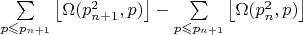 $\sum\limits_{p \leqslant p_{n+1}} \left\lfloor \Omega(p_{n+1}^2,p)\right\rfloor - \sum\limits_{p \leqslant p_{n+1}} \left\lfloor\Omega(p_n^2,p)\right\rfloor$