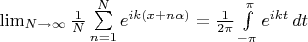 $\lim_{N\to\infty}\frac{1}{N}\sum\limits_{n=1}^{N}e^{ik(x+n\alpha)}=\frac{1}{2\pi}\int\limits_{-\pi}^{\pi}e^{ikt}\,dt$