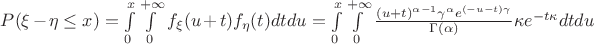 $P(\xi - \eta \leq x) = \int\limits_{0}^{x} \int\limits_{0}^{+\infty} f_{\xi}(u+t) f_{\eta} (t) dt du = \int\limits_{0}^{x} \int\limits_{0}^{+\infty} \frac{({u+t})^{\alpha-1} \gamma^{\alpha} e^{(-u-t)\gamma}}  { \Gamma(\alpha)} \kappa e^{-t \kappa} dt du$