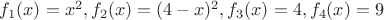 $f_1(x)=x^2, f_2(x)=(4-x)^2, f_3(x)=4, f_4(x) = 9$