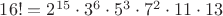 $16!=2^{15}\cdot3^6\cdot5^3\cdot7^2\cdot11\cdot13$
