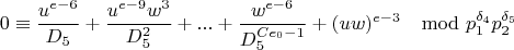 $$0\equiv \frac{u^{e-6}}{D_5}+\frac{u^{e-9}w^3}{D_5^2}+...+\frac{w^{e-6}}{D_5^{Ce_0-1}}+(uw)^{e-3}\mod p_1^{\delta_4}p_2^{\delta_5}$$
